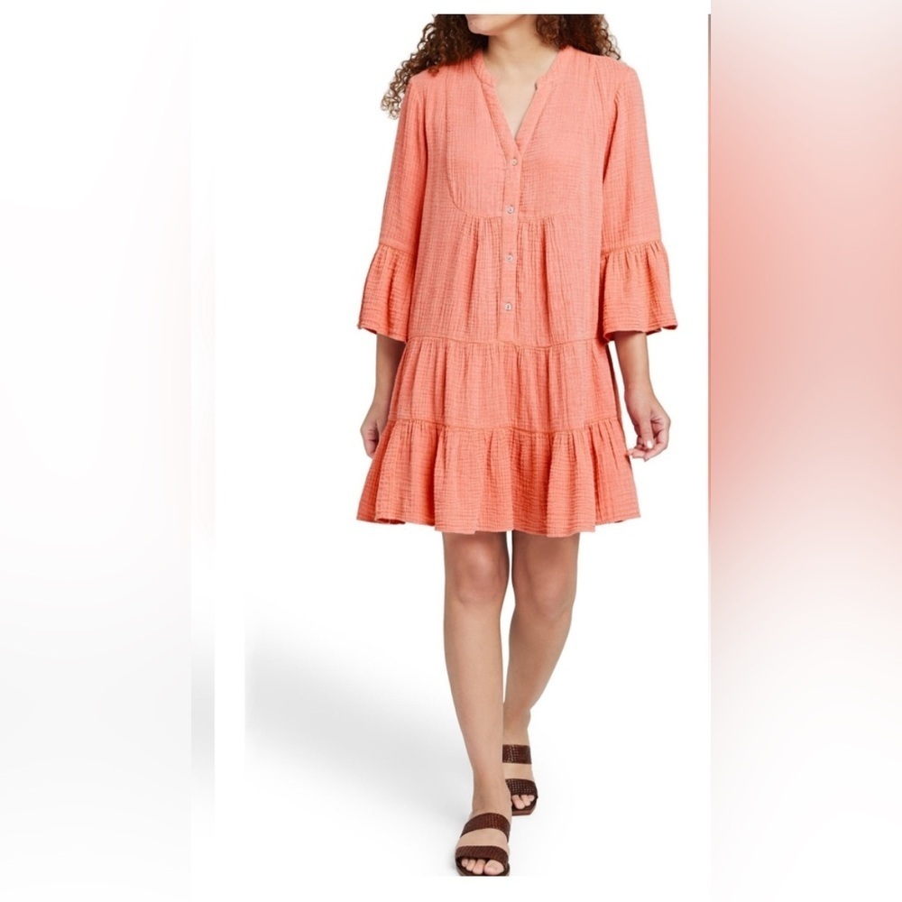Faherty Coral Tiered Button-Front Cotton Dress